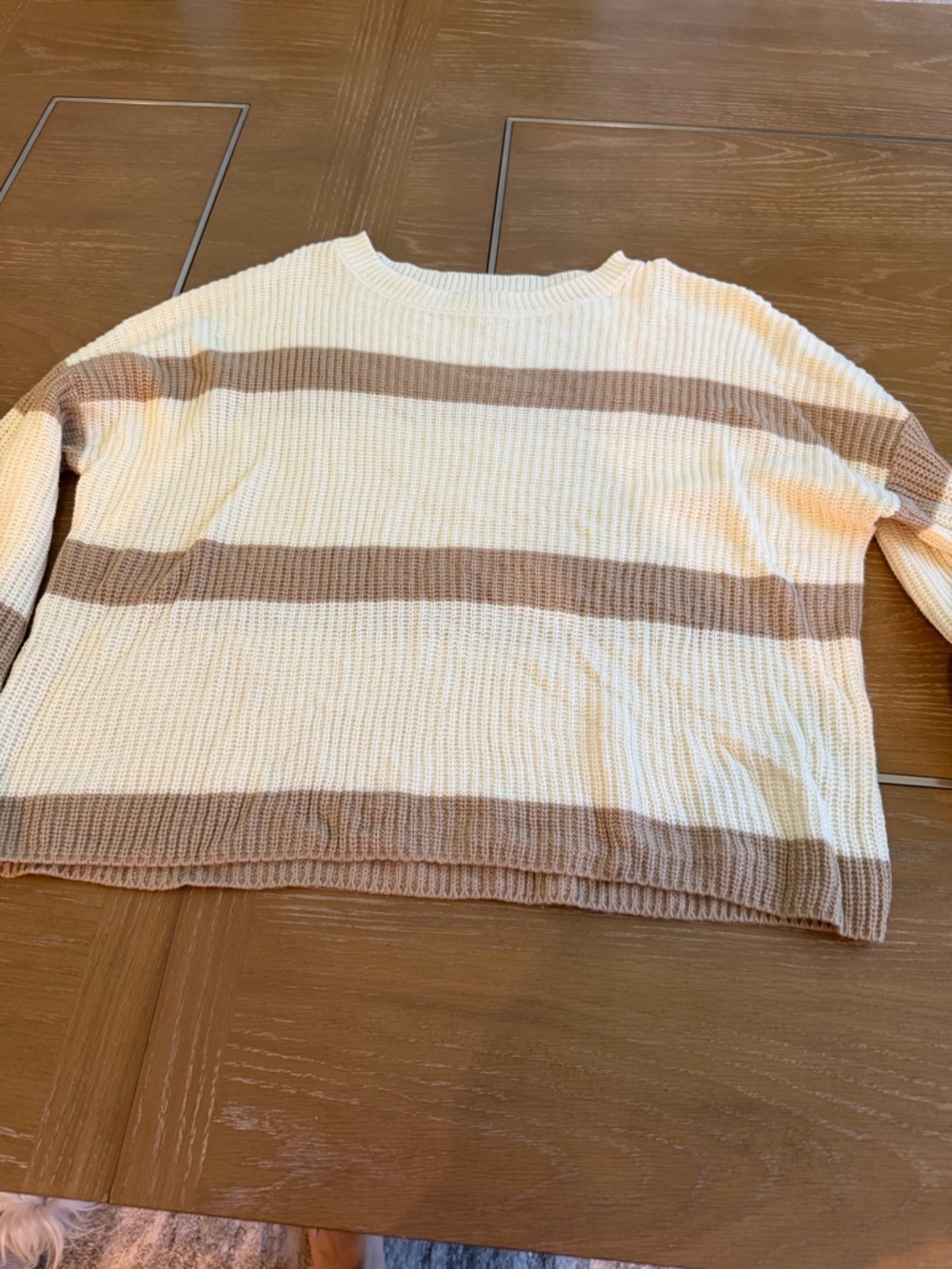 Women's Cream and Brown Striped Crewneck Sweater